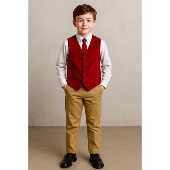 Tommy Hilfiger Boys 14 Red Velvet Vest Khaki Pants Set Preppy Holiday Outfit - Picture 1 of 16